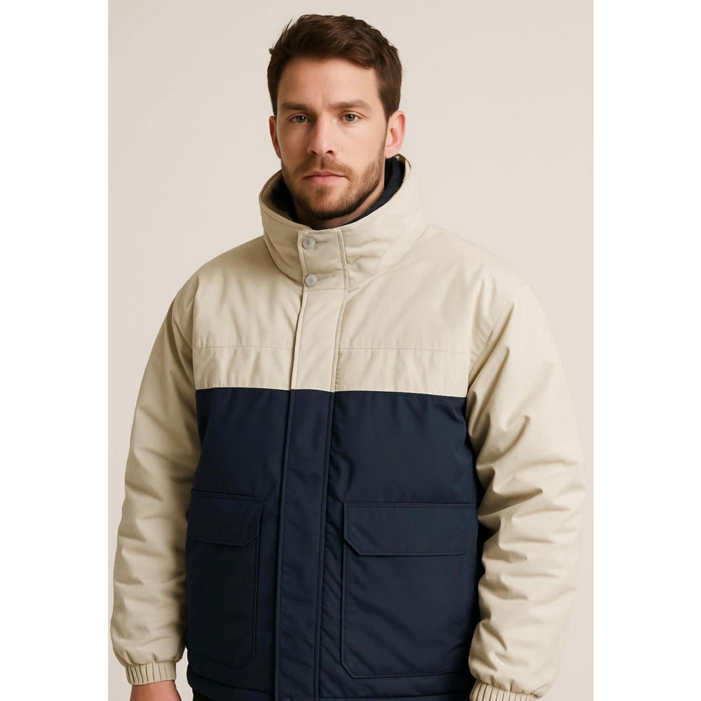 Mens Nautica Colorblock Puffer Jacket L Beige Navy Normcore Scandinavian Outdoor